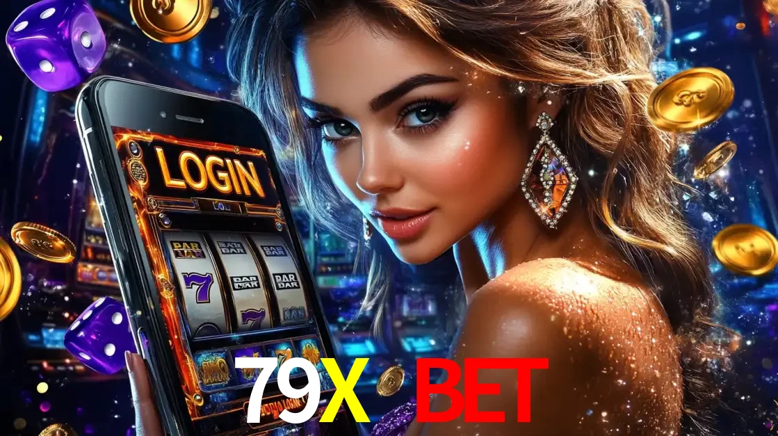 Mulher glamorosa segurando um smartphone com a tela de login para os jogos de caça-níqueis do cassino online 79X BET, com moedas de ouro e dados ao redor.