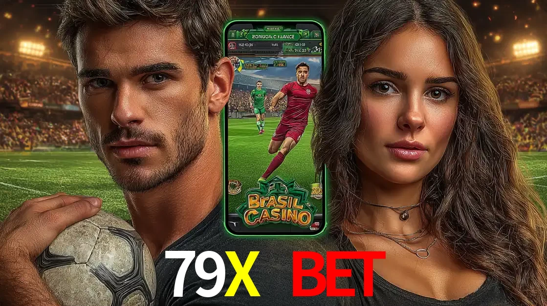 Homem segurando uma bola de futebol e uma mulher ao lado de um smartphone exibindo o jogo de apostas esportivas da 79X BET. Faça seu palpite no cassino online.